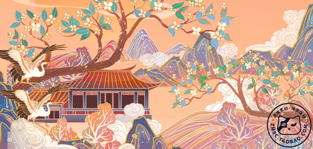 中国风国潮风祥云山水建筑花卉插画海报背景 (181)