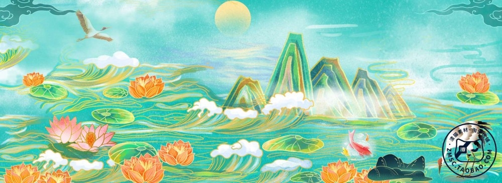 中国风国潮风祥云山水建筑花卉插画海报背景 (184)