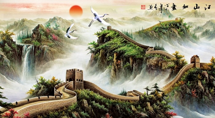中式万里长城山水迎客松国画电视背景墙装饰画高清图库PSD设计素材 (9)