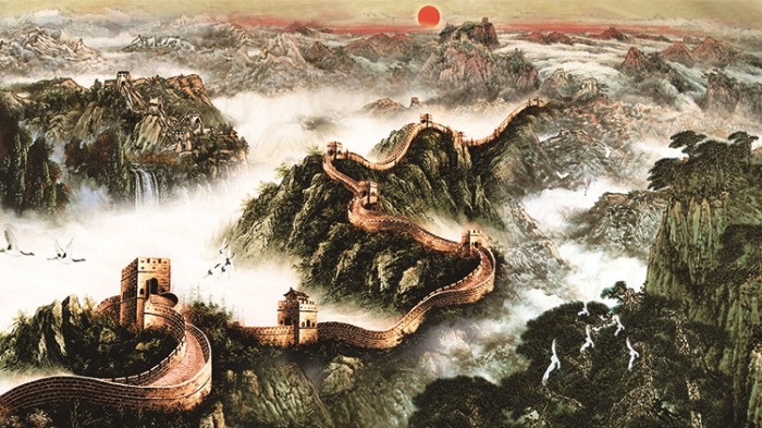 中式万里长城山水迎客松国画电视背景墙装饰画高清图库PSD设计素材 (3)