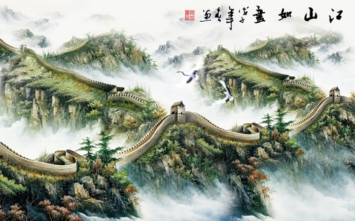 中式万里长城山水迎客松国画电视背景墙装饰画高清图库PSD设计素材 (6)