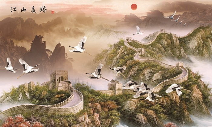 中式万里长城山水迎客松国画电视背景墙装饰画高清图库PSD设计素材 (18)