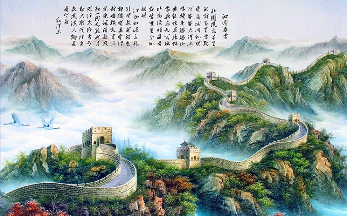 中式万里长城山水迎客松国画电视背景墙装饰画高清图库PSD设计素材 (5)