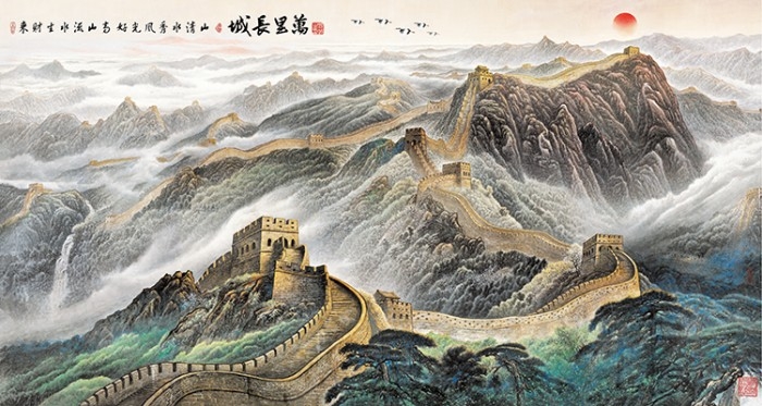 中式万里长城山水迎客松国画电视背景墙装饰画高清图库PSD设计素材 (7)