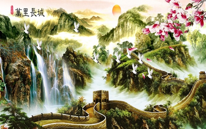 中式万里长城山水迎客松国画电视背景墙装饰画高清图库PSD设计素材 (10)