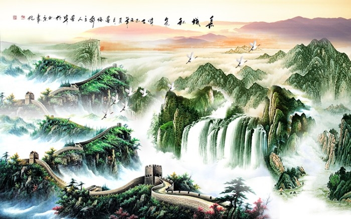 中式万里长城山水迎客松国画电视背景墙装饰画高清图库PSD设计素材 (11)