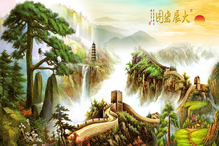 中式万里长城山水迎客松国画电视背景墙装饰画高清图库PSD设计素材 (1)