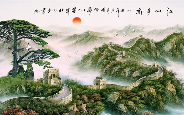 中式万里长城山水迎客松国画电视背景墙装饰画高清图库PSD设计素材 (2)