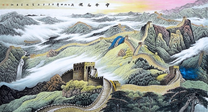 中式万里长城山水迎客松国画电视背景墙装饰画高清图库PSD设计素材 (8)