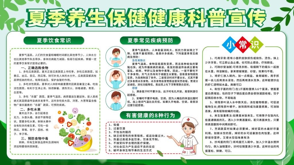 绿色夏季养生保健健康教育知识宣传栏展板