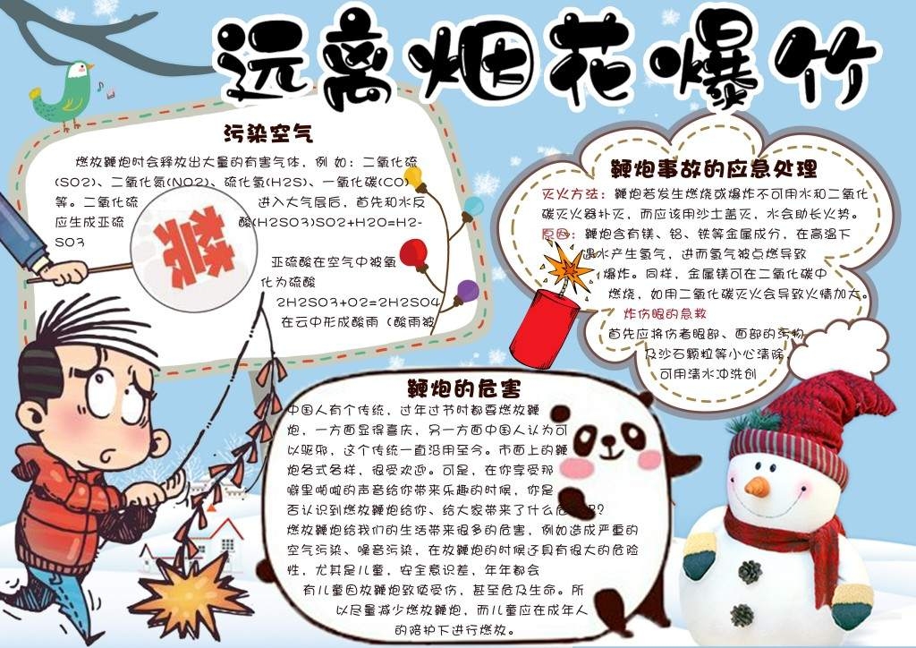 蓝色春节远离烟花爆竹安全手抄报小报