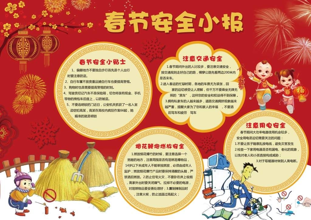 红色春节安全用电烟花燃放交通安全手抄报小报