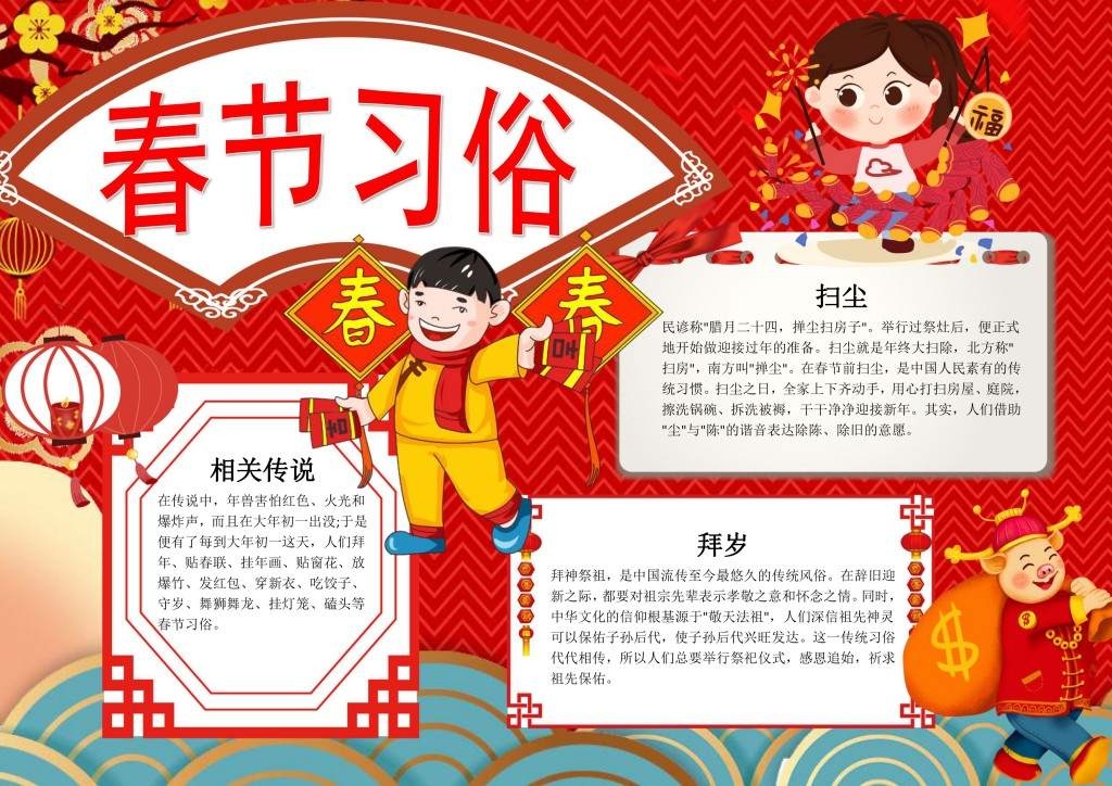 春节习俗年俗贴年画拜岁传说手抄报小报
