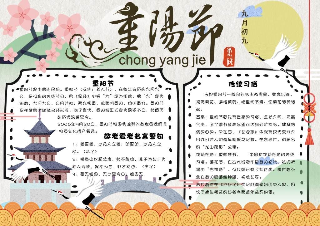 卡通梅花九九重阳节敬老名言警句传统习俗手抄报
