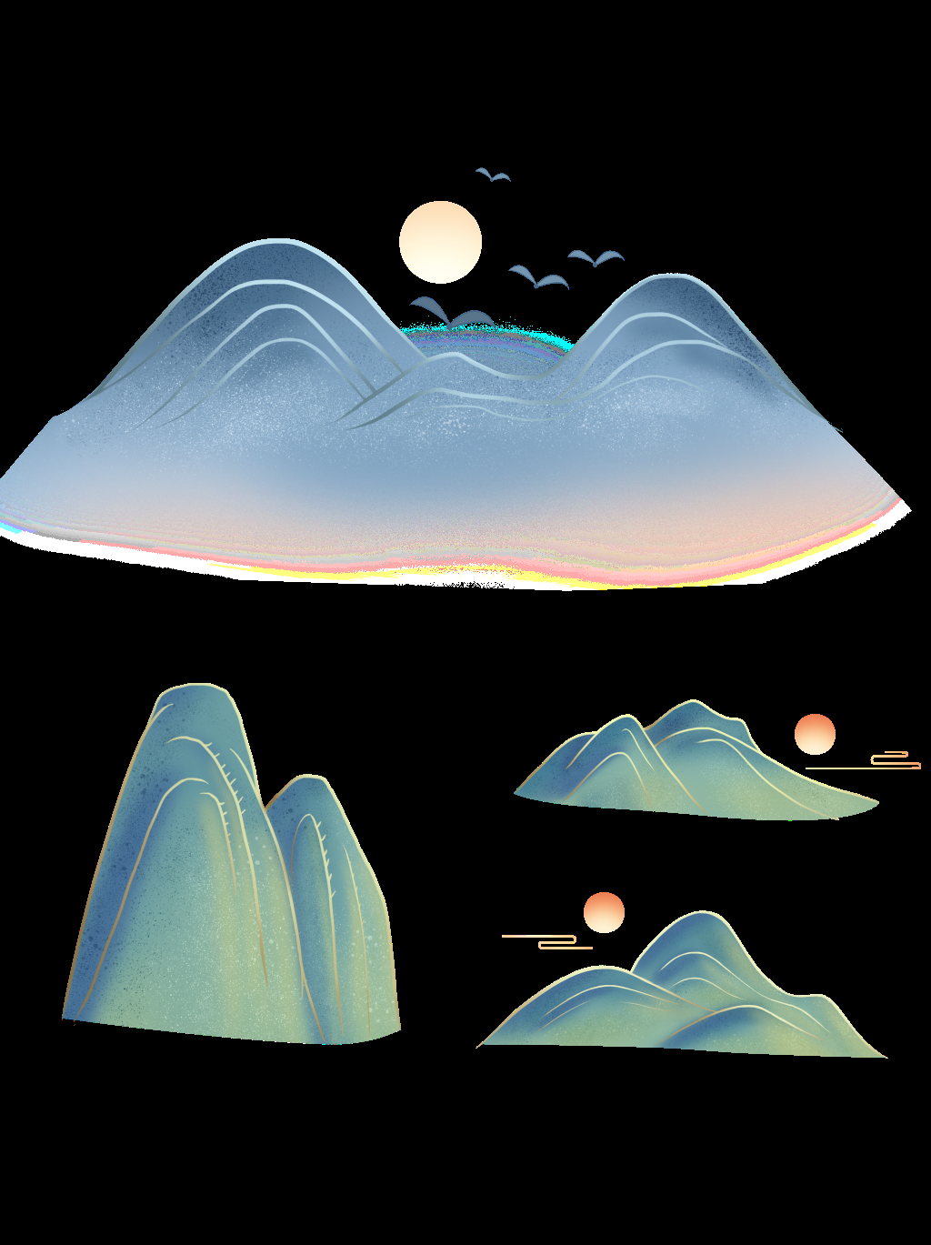 国潮风手绘山脉山峰中国风古风山水插画元素 (1)