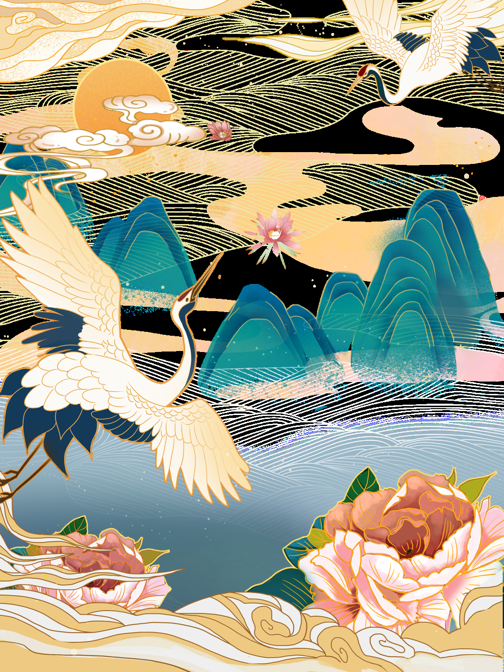 国潮风手绘山脉山峰中国风古风山水插画元素 (27)