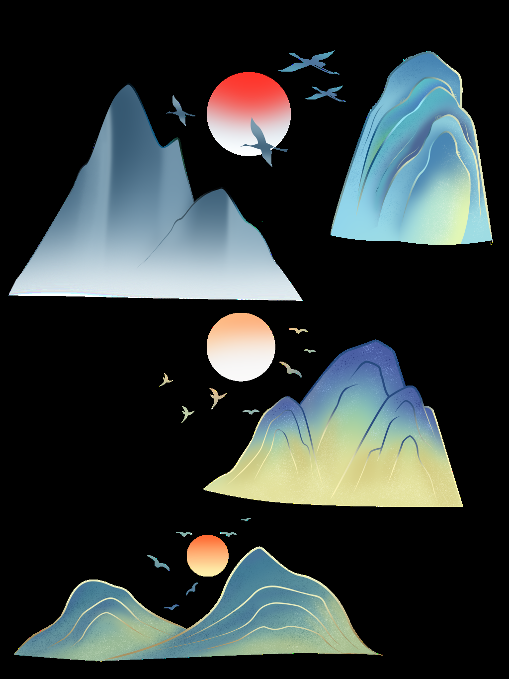 国潮风手绘山脉山峰中国风古风山水插画元素 (3)