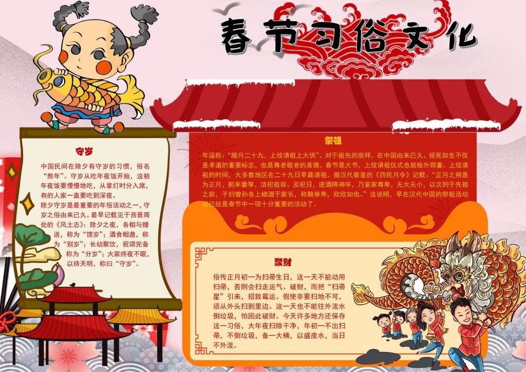 春节习俗年俗聚财守岁手抄报小报