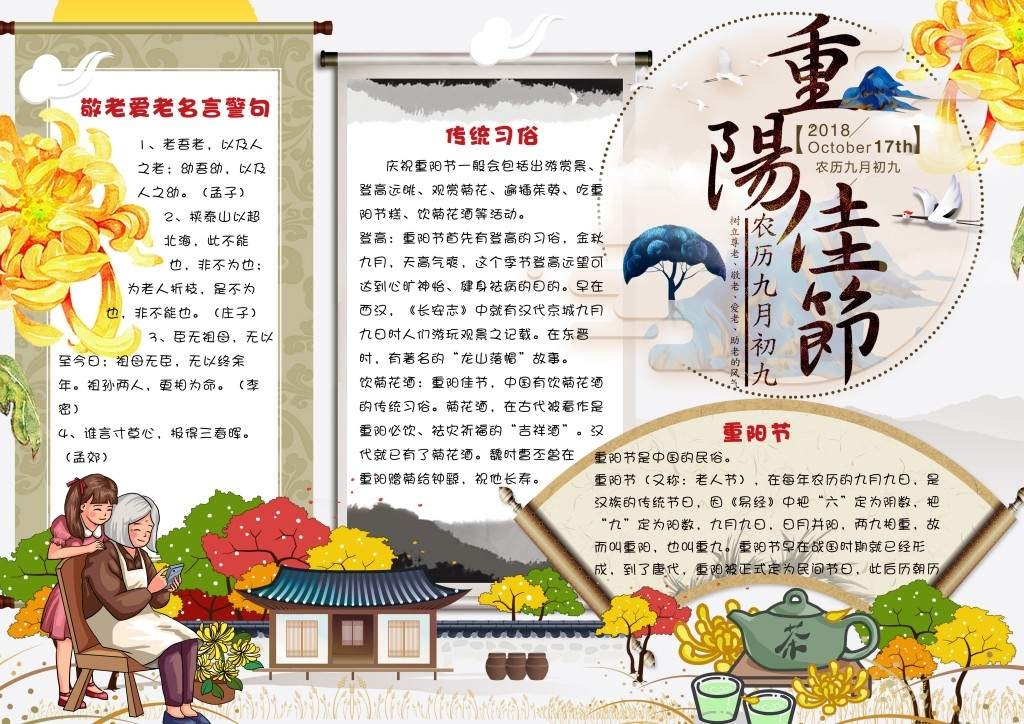 水墨九九重阳节敬老名言警句传统习俗手抄报