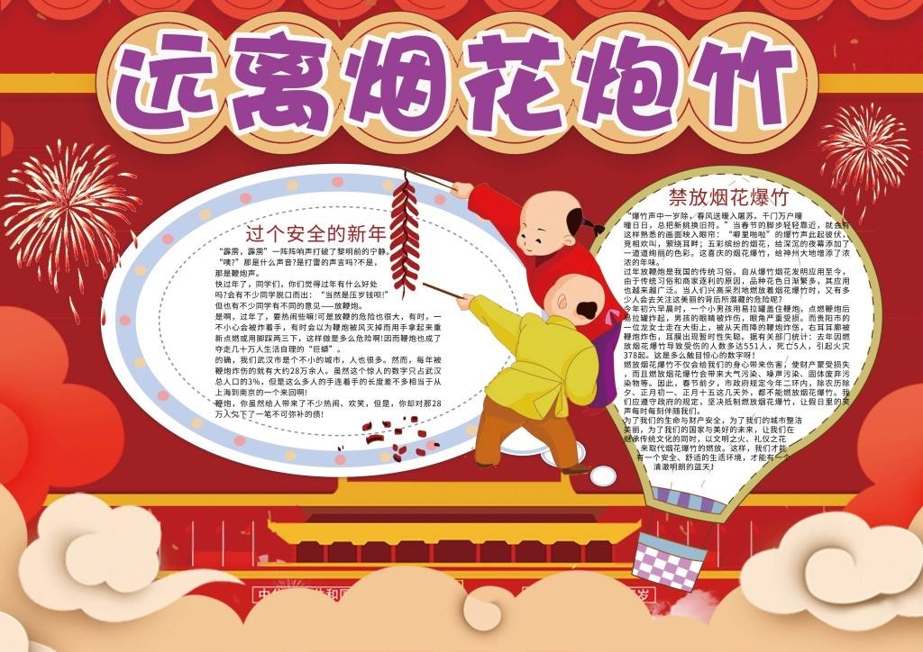 红色春节远离烟花爆竹安全手抄报小报