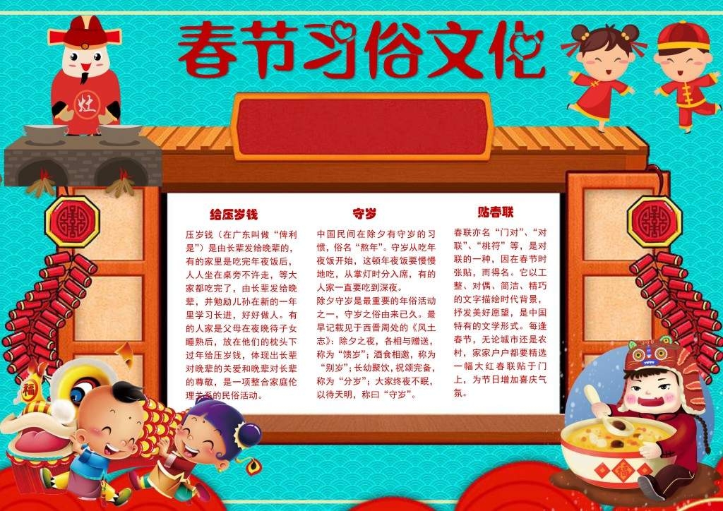 春节习俗年俗贴春联给压岁钱手抄报小报