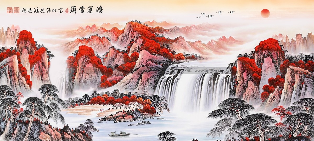 水墨新中式鸿运当头山水画中堂画会议室装饰画高清图片素材1
