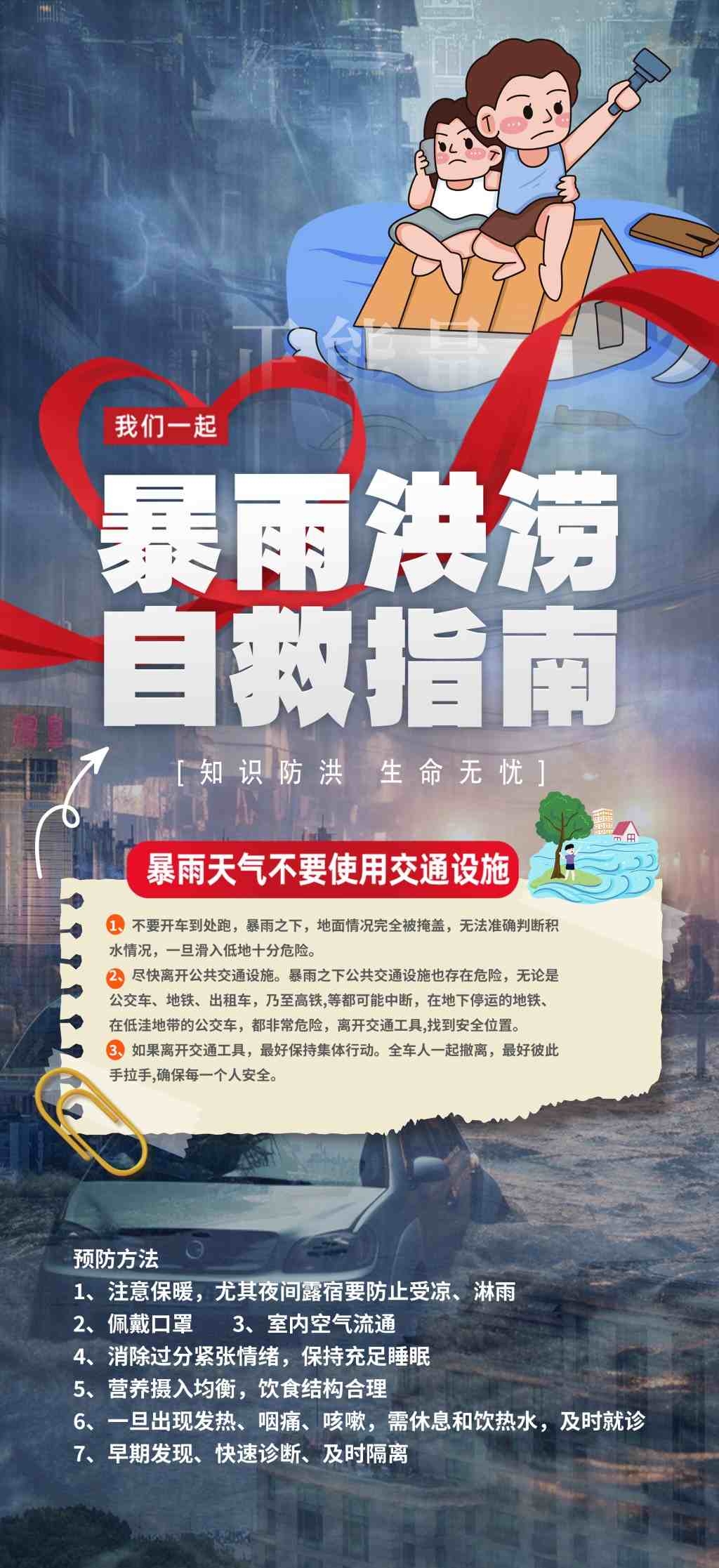 暴雨洪灾防汛自救指南宣传海报易拉宝