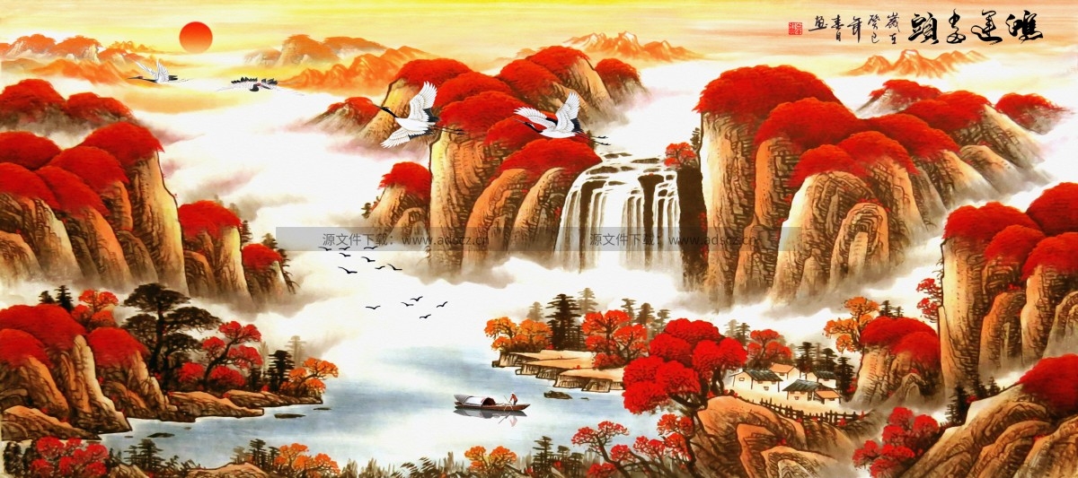 水墨新中式鸿运当头山水画中堂画会议室装饰画高清图片素材10