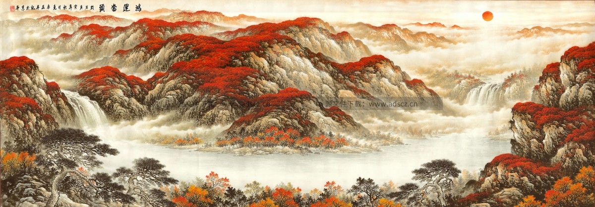 水墨新中式鸿运当头山水画中堂画会议室装饰画高清图片素材9