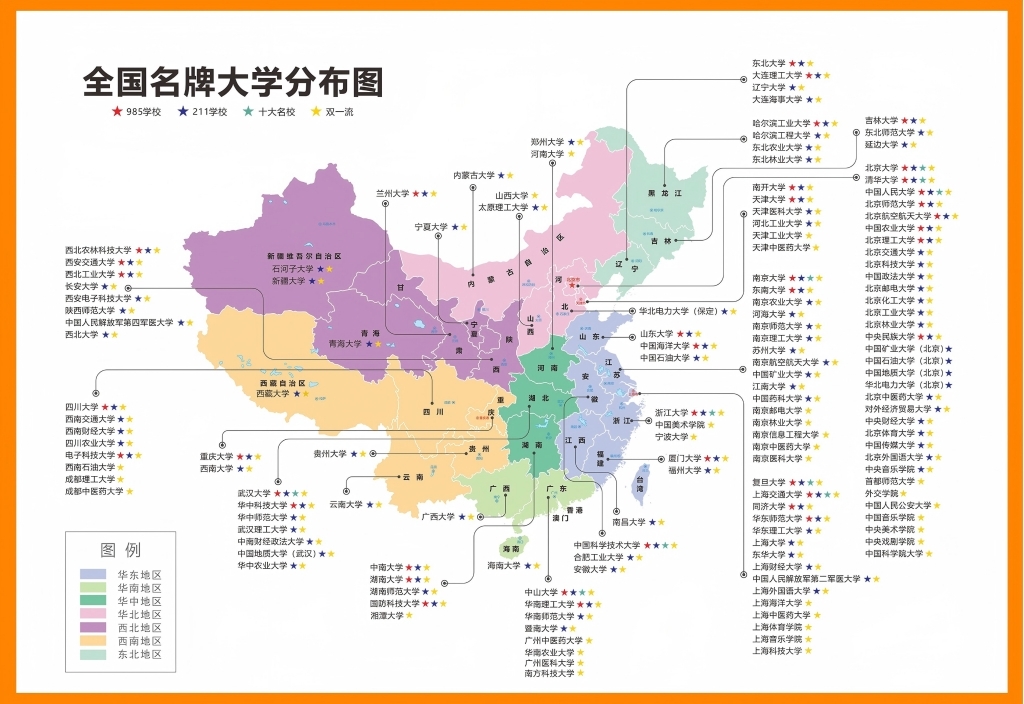 全国名牌大学分布图素材