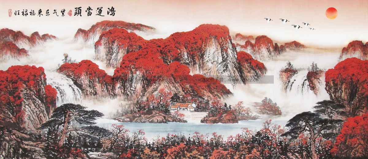 水墨新中式鸿运当头山水画中堂画会议室装饰画高清图片素材13