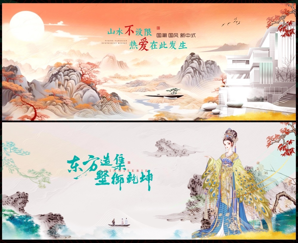主画面国风KV新中式水墨山水房地产国潮主视觉