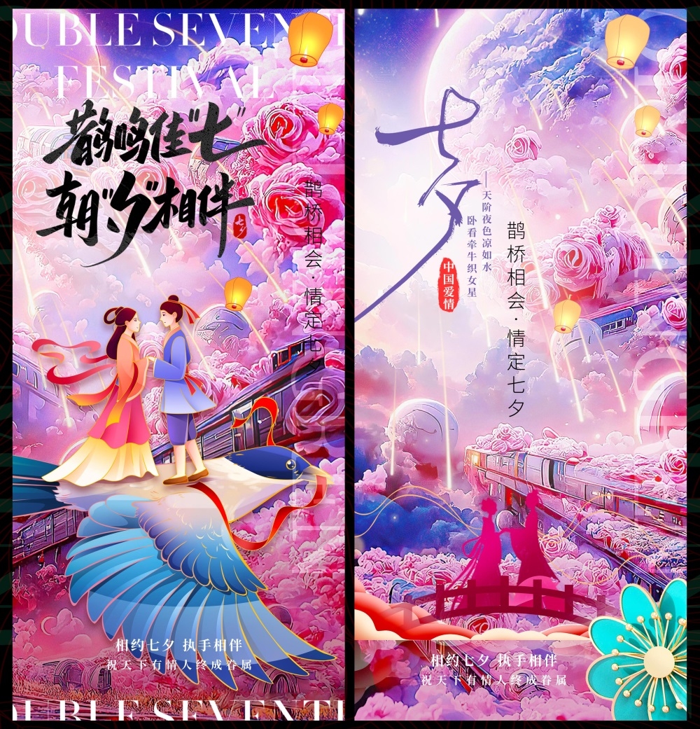 情人节七夕喜鹊鹊桥爱心情侣节庆 (58)