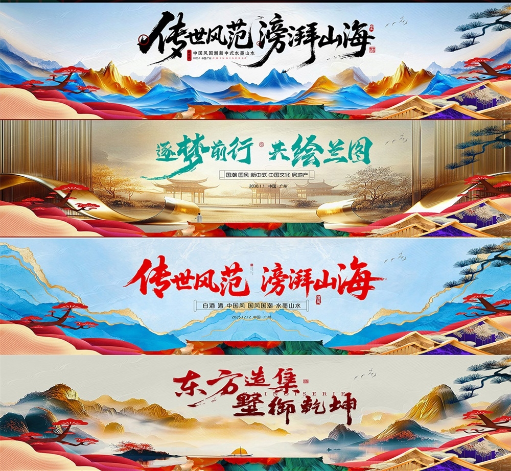 主画面中式房地产国风KV国潮主视觉水墨山水长幅横幅