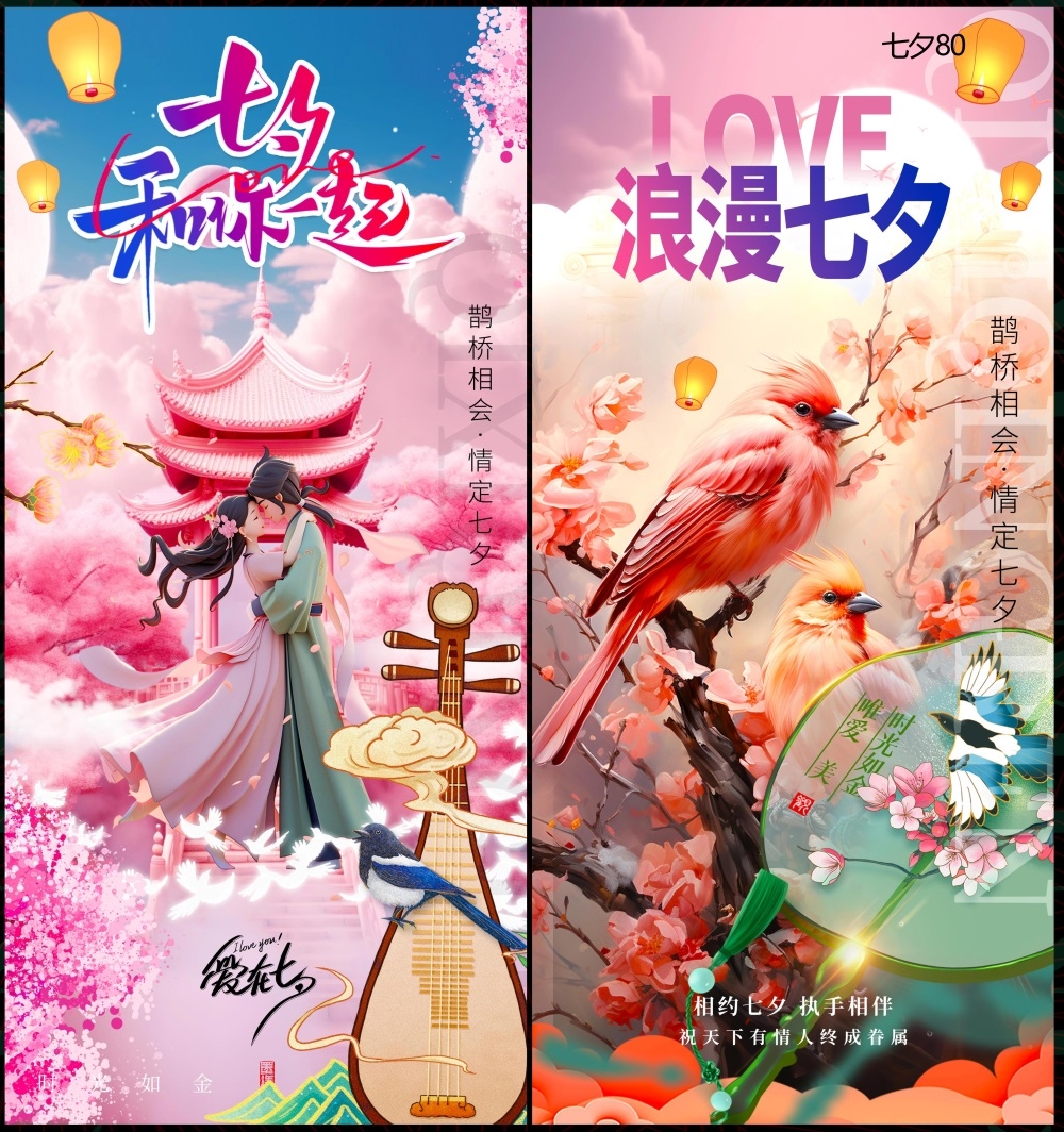 情人节七夕喜鹊鹊桥爱心情侣节庆 (78)