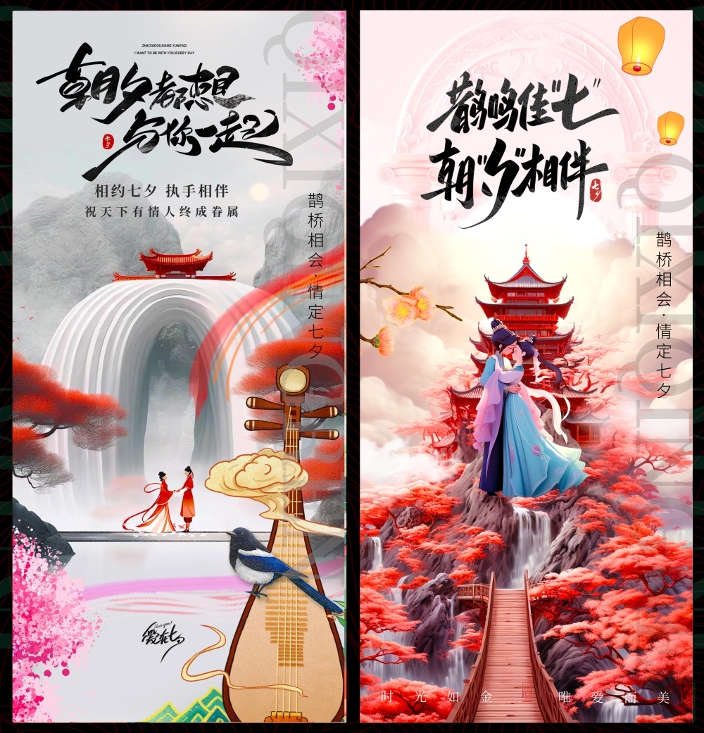情人节七夕喜鹊鹊桥爱心情侣节庆 (64)