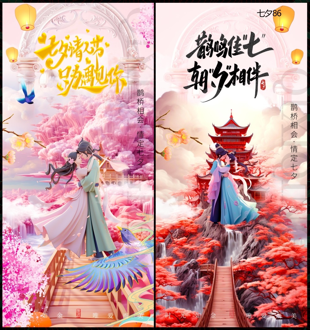 情人节七夕喜鹊鹊桥爱心情侣节庆 (84)