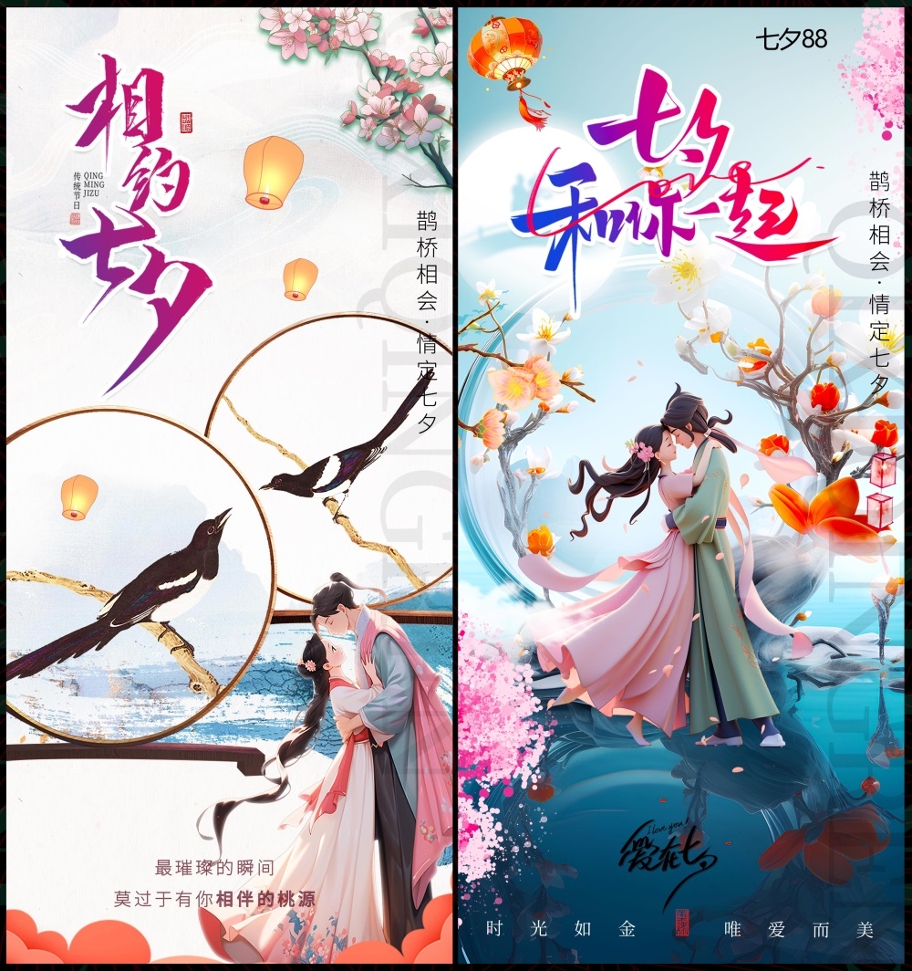 情人节七夕喜鹊鹊桥爱心情侣节庆 (86)
