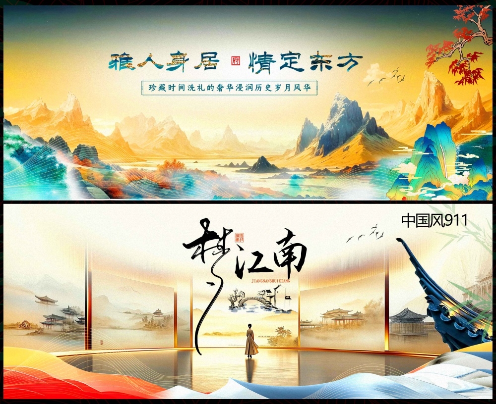 国风KV水墨山水中式房地产主画面国潮主视觉