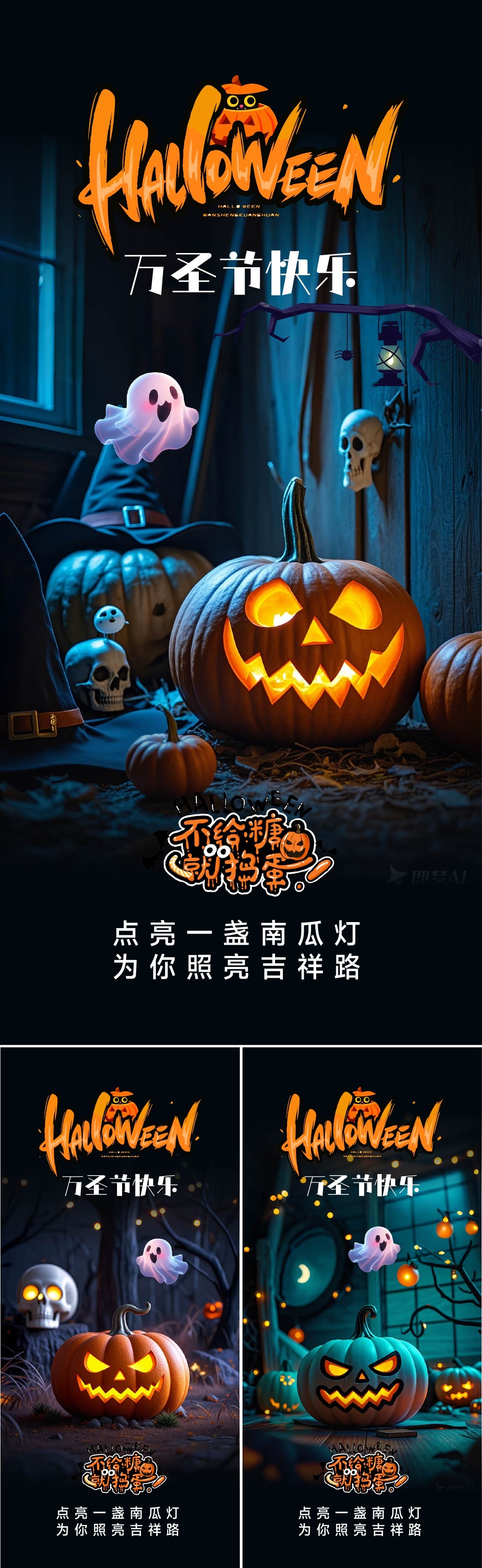 万圣节海报公历节日系列万圣节南瓜灯蝙蝠蜘蛛骷髅鬼怪海报