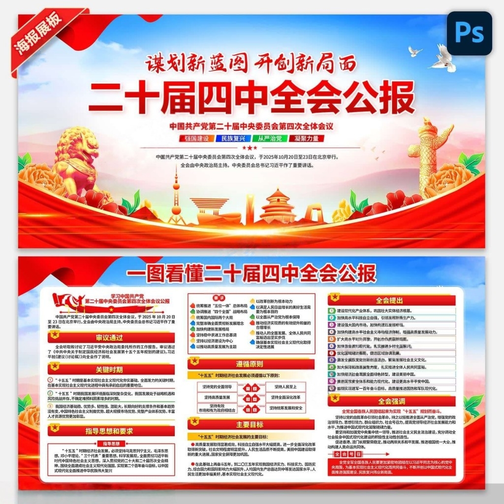 学习贯彻二十届四中全会公报精神展板宣传栏PSD素材 (2)