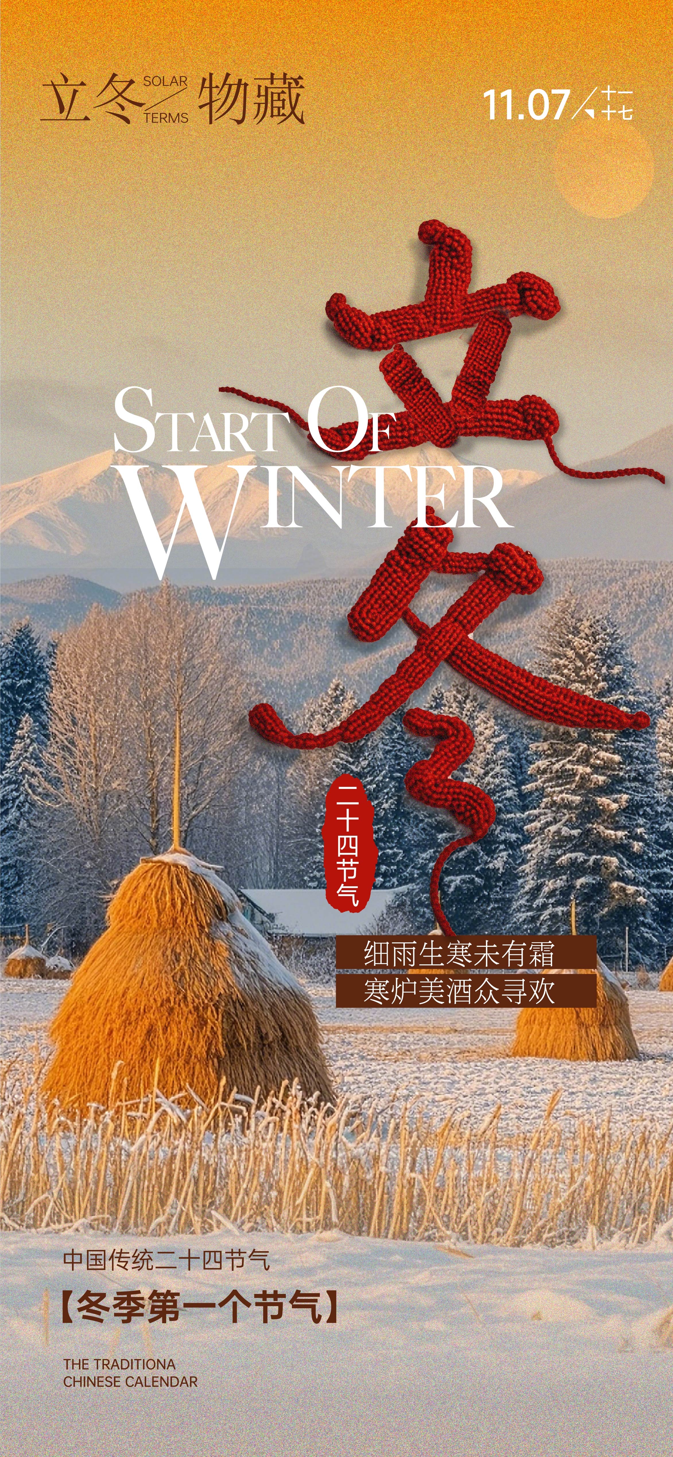 毛线字系列二十四节气绿植小雪大雪冬至雪地稻草海报