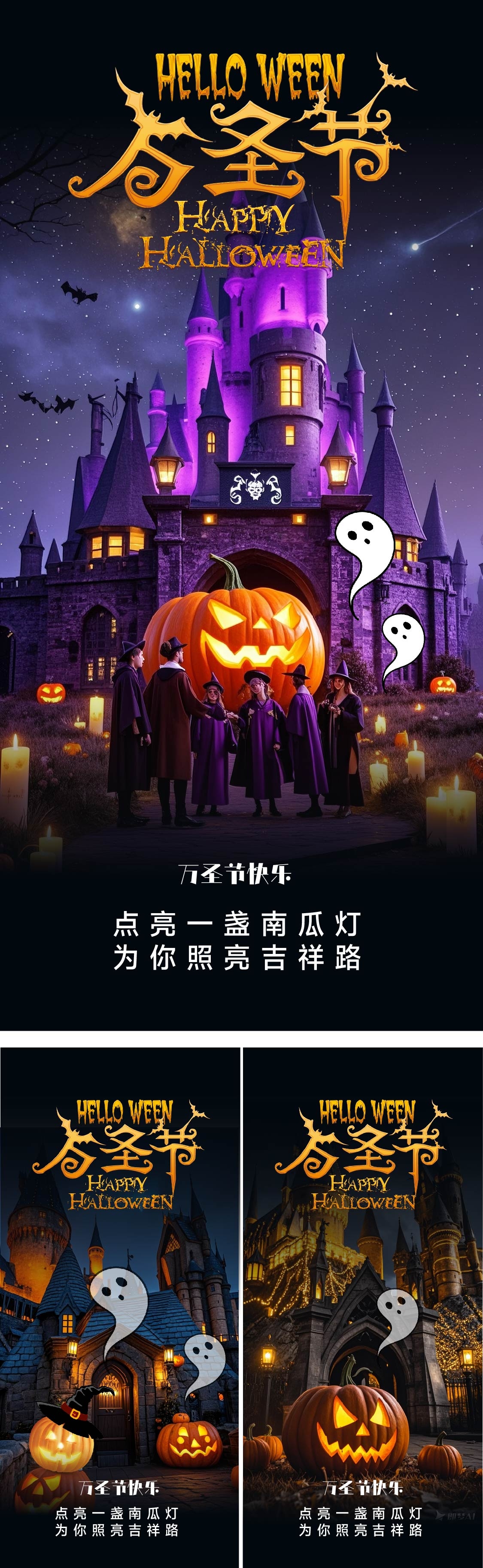 公历节日系列万圣节南瓜灯蝙蝠蜘蛛骷髅鬼怪海报