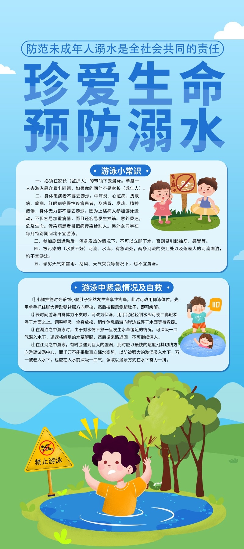 夏季暑期防溺水游泳小常识及紧急情况自救展架易拉宝