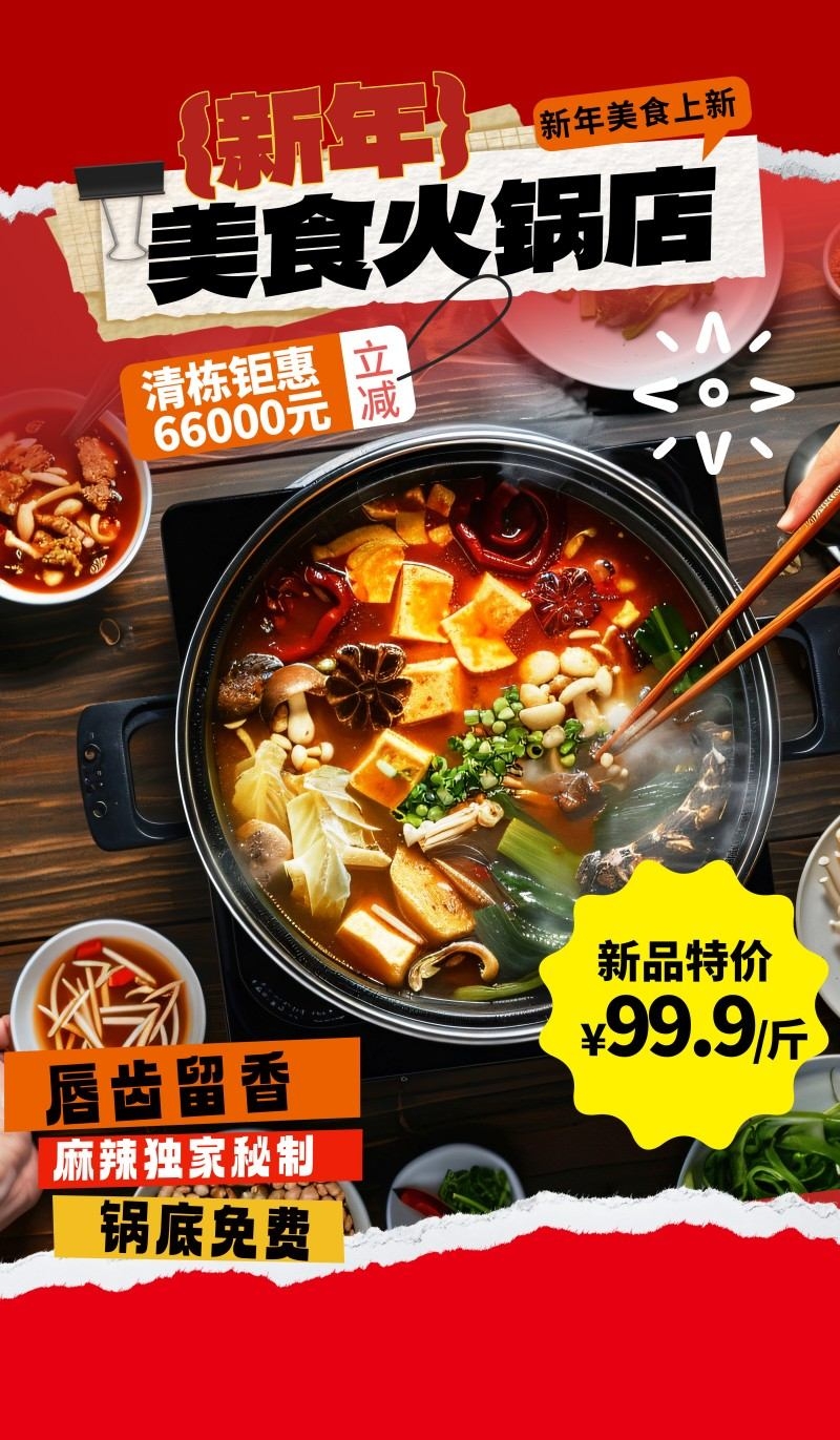 红色精品撕纸风餐饮饭店火锅打折促销海报
