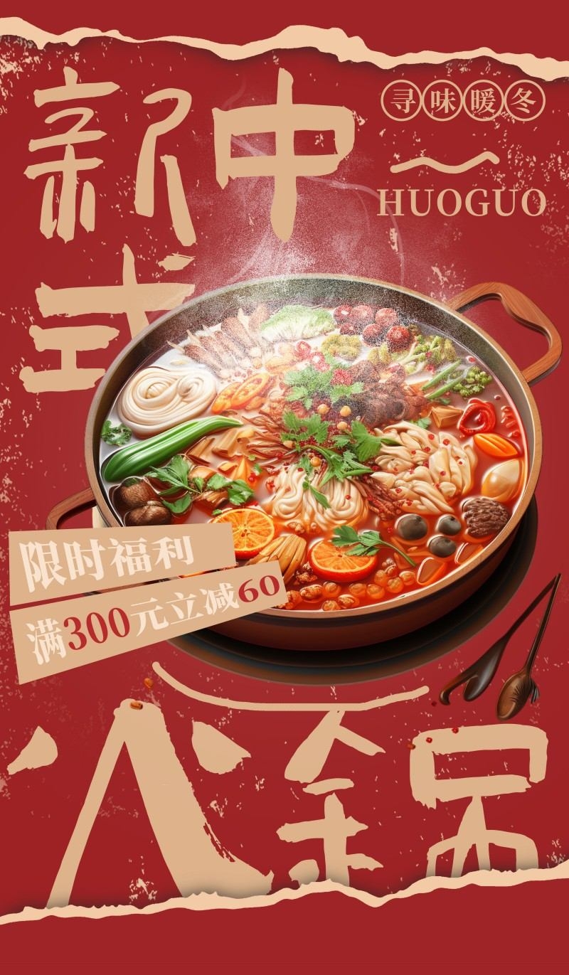 红色精品新中式火锅店促销海报