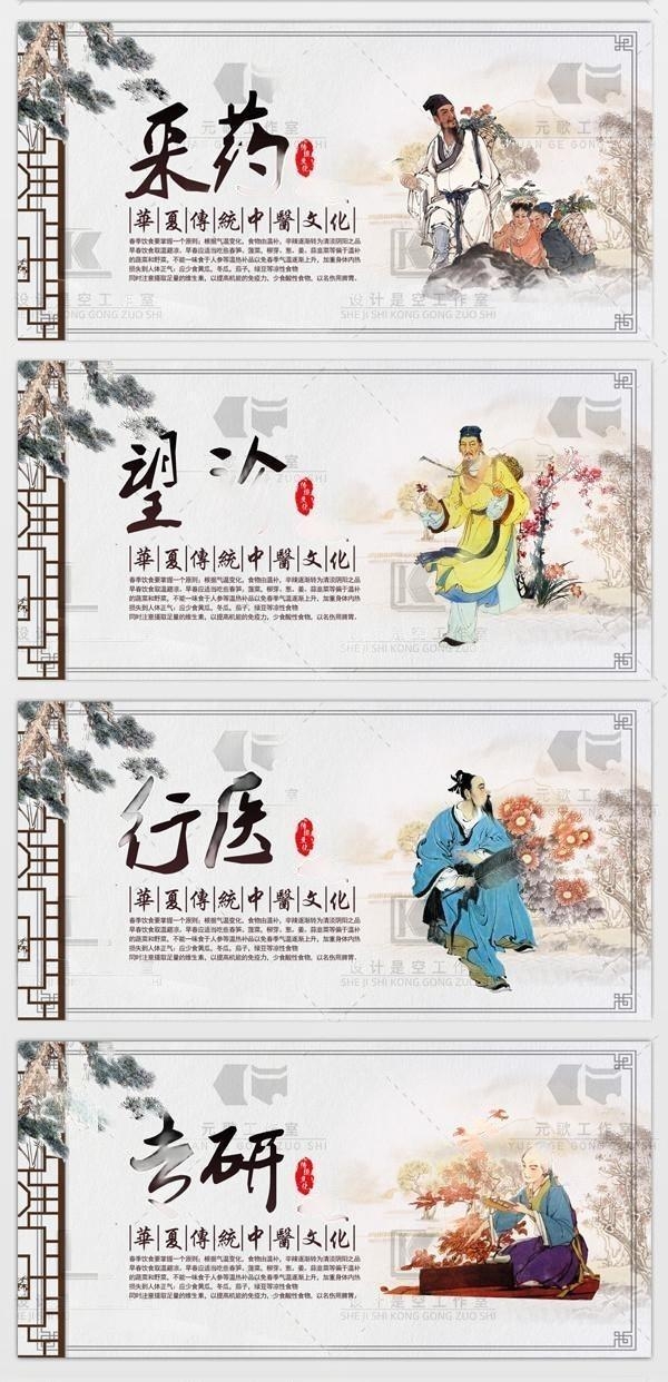 古代中医养生方法海报展板采药望诊行医专研