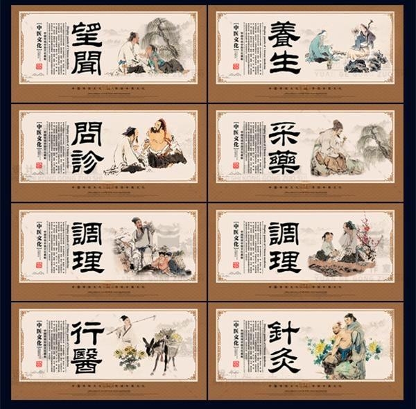 国风中医养生方法海报展板望闻问诊采药行医针灸