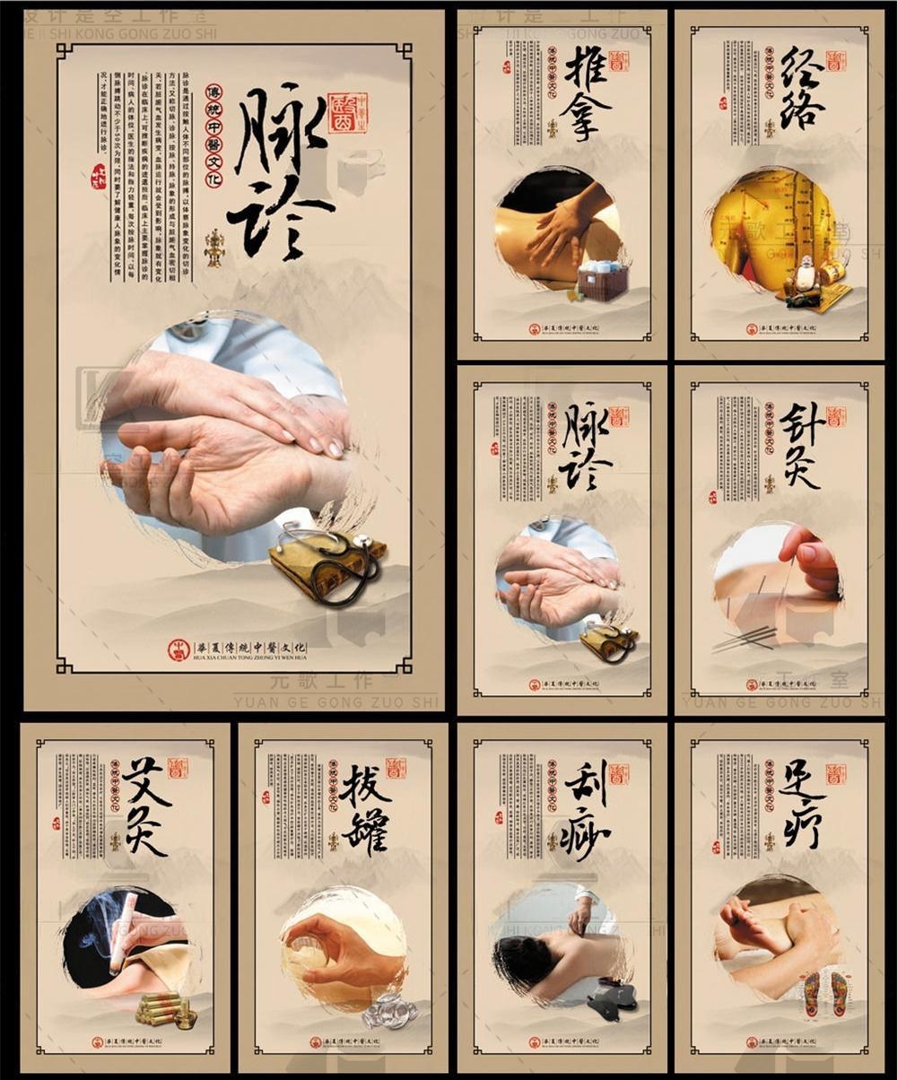 中医养生挂画文化墙海报脉诊推拿针灸拔罐刮痧足疗艾灸经络