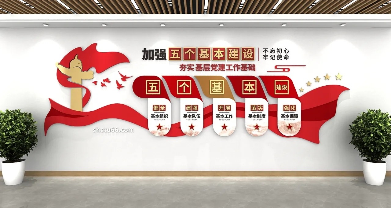 红色简约飘带五个基本建设基层党建文化墙